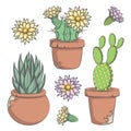 Set of vector colored cactus with flowers in old pots. EPS10