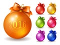 Set of vector colored Christmas balls, decorated with bow and inscription 2016 Royalty Free Stock Photo