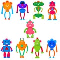 Set of vector colored robots in cartoon style. Isolated vector robots in a white background