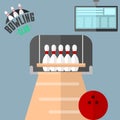 Set of vector colorful bowling icons sport strike pin symbol ball skittle game equipment illustration. Royalty Free Stock Photo