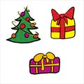 Set of vector colorful cartoon Christmas tree and gifts. Decorated fir tree and two box of presents for the New Year Royalty Free Stock Photo