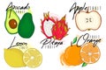 Set vector of colorful cartoon vitamin fruit icons: apple,lemon, pitaya, avocado, orange, lemon. Vector illustration, isolated on Royalty Free Stock Photo