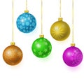 Set of vector colorful glass christmas tree balls hanging on gold eyelets Royalty Free Stock Photo