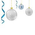 Set of vector colorful glass christmas tree balls hanging on gold eyelets