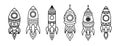 Set of vector coloring pages rocket in doodle style. Cartoon drawing with childrens spaceships on white isolated. Large set of