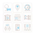 Set of vector common map icons and concepts in mono thin line style