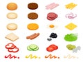 Set vector constructor isometric Burger ingredients and burger buns isolated on white background. Ham, cheese, egg