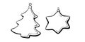 Set of vector contoured glass toys, decorations in form of pine, fir, xmas tree, star, in doodle style Royalty Free Stock Photo