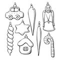 Set of vector contoured glass toys, decorations for xmas tree, doodle style. Clipart for Merry Christmas and New Year Royalty Free Stock Photo