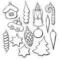 Set of vector contoured glass toys, decorations for xmas tree, doodle style. Clipart for Merry Christmas and New Year Royalty Free Stock Photo