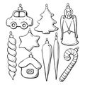 Set of vector contoured glass toys, decorations for xmas tree, doodle style. Clipart for Merry Christmas and New Year Royalty Free Stock Photo