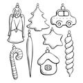 Set of vector contoured glass toys, decorations for xmas tree, doodle style. Clipart for Merry Christmas and New Year Royalty Free Stock Photo