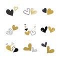 Set vector couple of heart hand-drawn black and gold color. Design element on white background for decorating Wedding card.