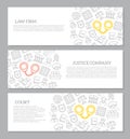 Set of vector crime, law, police and justice horizontal banners with icon pattern. Vector illustration