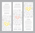 Set of vector crime, law, police and justice vertical banners with icon pattern. Vector illustration
