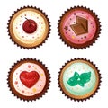 Set of vector cupcakes with cherries, chocolate, strawberries and mint.