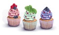 Set of vector cupcakes. A crumbly, gentle wet biscuit with a colorful soft air cream cheese ,mint-flavored, with juicy