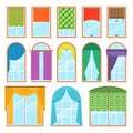 Set of vector curtains different forms in flat style. Waving hanging curtains for the window decoration. Interior home