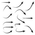 Set of vector curved arrows hand drawn. Collection of pointers.