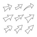 Set of vector curved arrows hand drawn. Sketch doodle style. Collection of pointers. Editable stroke.