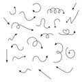 Set of vector curved arrows hand drawn. Sketch doodle style. Collection of pointers. Royalty Free Stock Photo