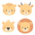 Set of vector cute animal faces. Leopard, lion, bear and deer. Illustrations in children's style on white background Royalty Free Stock Photo