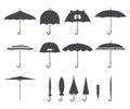 Set of vector cute black and white umbrellas in flat design style. Closed and open fashion icons. Cover accessory. Modern style. P Royalty Free Stock Photo