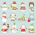 Set of 11 vector cute and funny snowmen Royalty Free Stock Photo