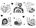 Set of vector cute snails. Decorative snail characters on rainbow, under leaf, with flowers and hearts and mollusk Royalty Free Stock Photo
