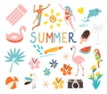 Set of vector cute summer icons: peoples swimming, flamingos, tropical flowers, ice cream, palm leaves, fruits. Royalty Free Stock Photo