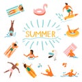 Set of vector cute summer icons: peoples swimming and have a fun, tropical flowers, ice cream, palm leaves, fruits. Royalty Free Stock Photo