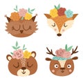 Set of vector cute wild animal faces with flowers on their heads. Boho forest avatars collection. Funny illustration of owl, bear Royalty Free Stock Photo