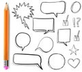 Set of VECTOR 3d drawn icons: check mark, star, heart, speech bubbles, outline drawings with pencil.