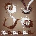 Set vector 3D illustrations, splashes and drops of melted dark chocolate, hot coffee and milk flow mixed