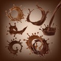 Set of vector 3D illustrations, splashes and drops of melted dark and milk chocolate, hot coffee, cocoa Royalty Free Stock Photo