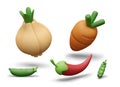 Set of vector 3D vegetables on white background. Onion, carrot, green pea pod, hot red pepper Royalty Free Stock Photo