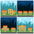 Set of vector day and night city with cartoon houses and buildings Royalty Free Stock Photo