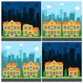 Set of vector day and night city with cartoon houses and buildings Royalty Free Stock Photo