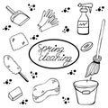 Set of vector design elements for spring cleaning outline. A bucket of water, a brush, a rag, rubber gloves, a scoop, an