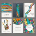 Set of vector design templates. Brochures in random colorful style. Zentangle designs. Royalty Free Stock Photo