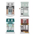 Set of vector detailed design building facade in flat style. Cafe, Barber shop, Bakery,Farmacy.