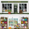 Set of vector detailed flat design bookstore facade and interior. Cool graphic interior design for book shop with books, bookcases Royalty Free Stock Photo