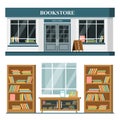 Set of vector detailed flat design bookstore facade and interior.