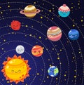 Set of vector doodle cartoon icons planets of solar system. Comic colored funny characters. Children education Royalty Free Stock Photo