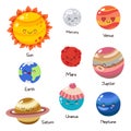 Set of vector doodle cartoon icons planets of solar system. Comic colored funny characters. Children s education Royalty Free Stock Photo