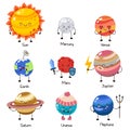 Set of vector doodle cartoon icons planets of solar system. Comic colored funny characters. Children s education Royalty Free Stock Photo