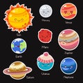 Set of vector doodle cartoon icons planets of solar system. Comic colored funny characters. Children s education Royalty Free Stock Photo