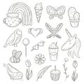 Set of vector doodle cute isolated elements, sweets, flowers, animals