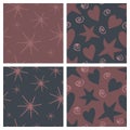 Set of 4 vector doodle seamless backgrounds. Charcoal black with rosewood and garnet brown endless patterns