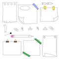 set vector doodles from diary elements, notepad, sheets of paper with curved corners, with pencil and stationery - paper clip,